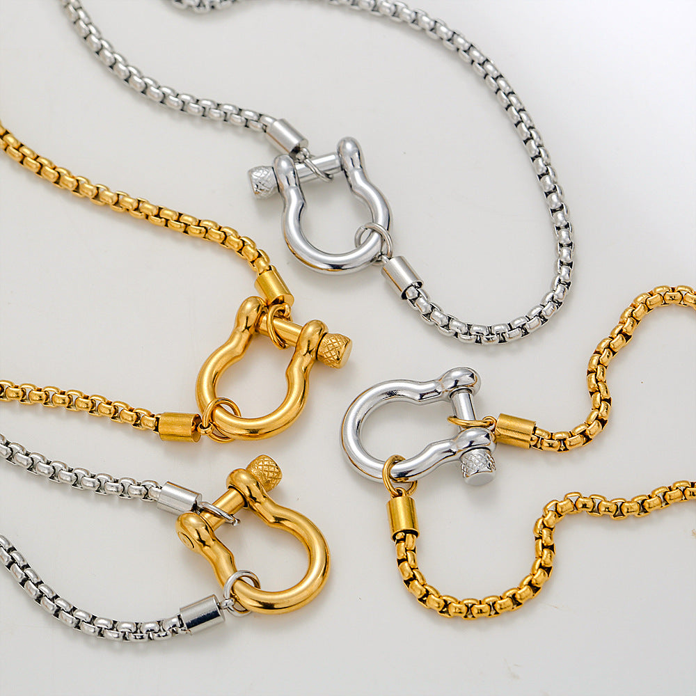 Minimalist Geometric Carabiner Necklace in Stainless Steel with 18K Gold Plating on Pearl Chain for Women