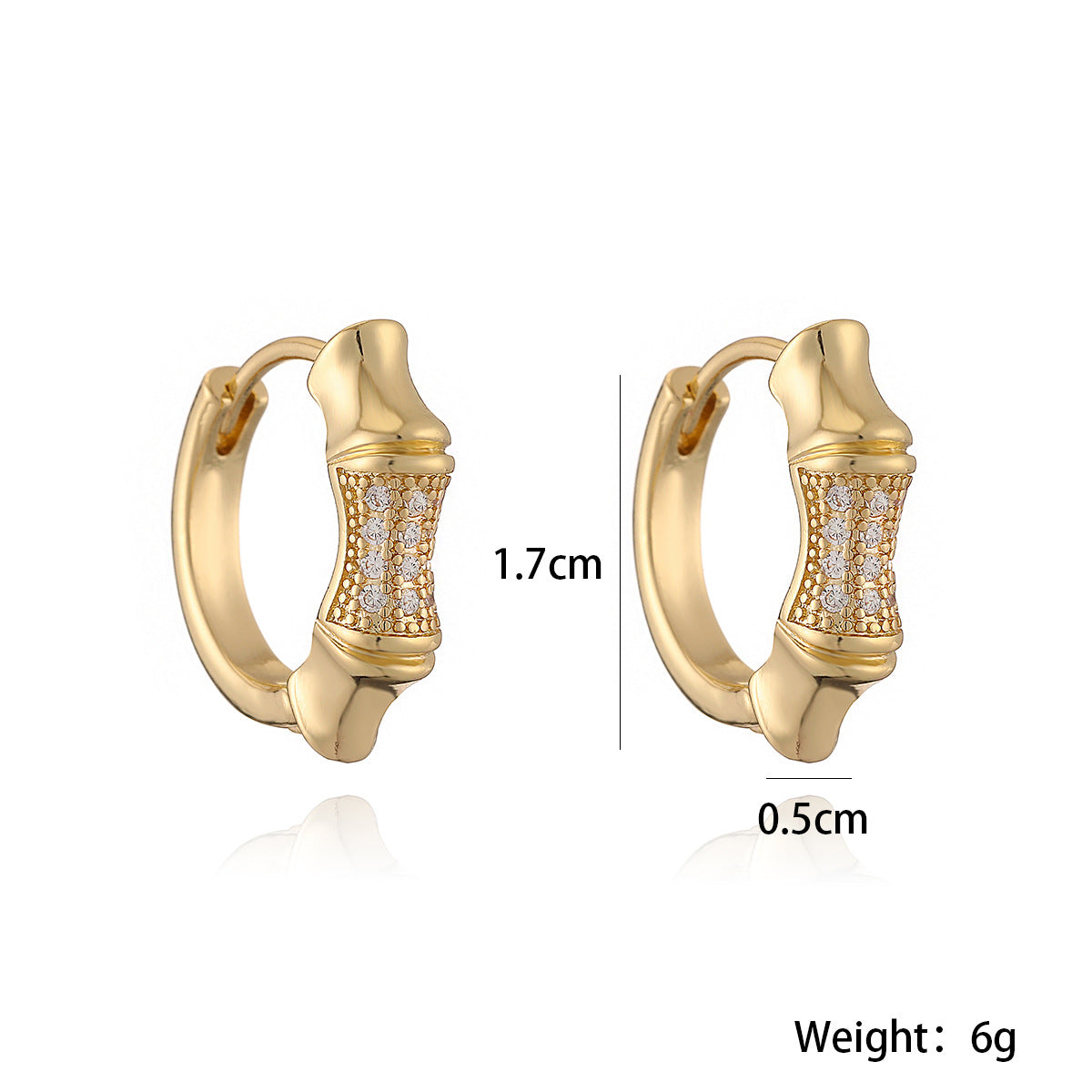Minimalist Bamboo Joint Shaped Copper Earrings with 18K Gold Plating and Zircon Inlay for Women