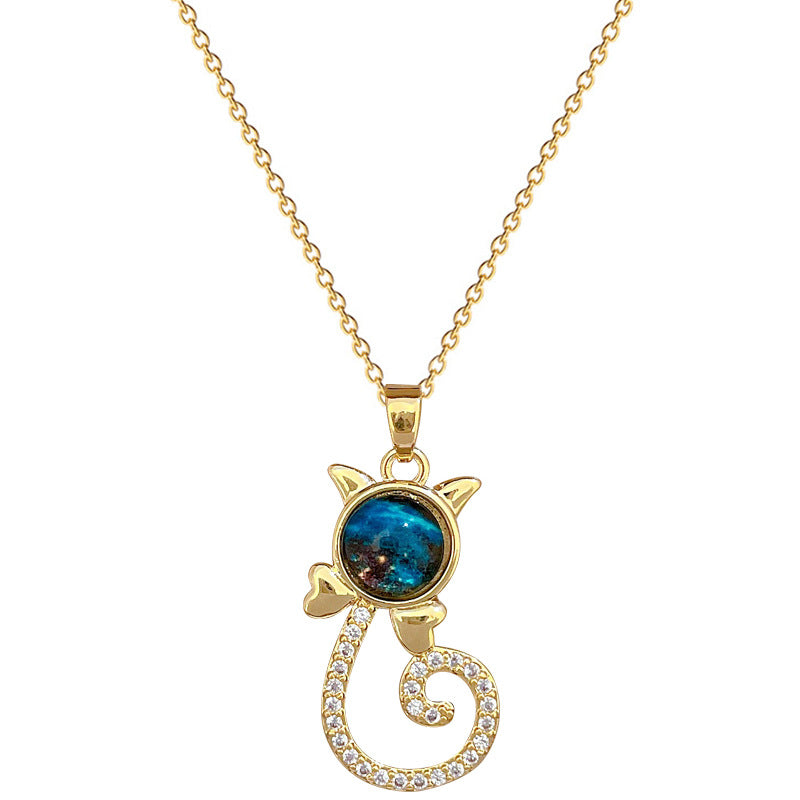 Sweet Elegant Cat Starry Sky Rhinestone Pendant Titanium Steel Cable Chain Necklace