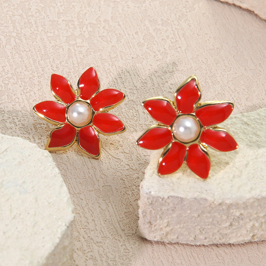 Orecchini a perno eleganti in acciaio inossidabile con perle, motivo floreale con olio a goccia, da donna