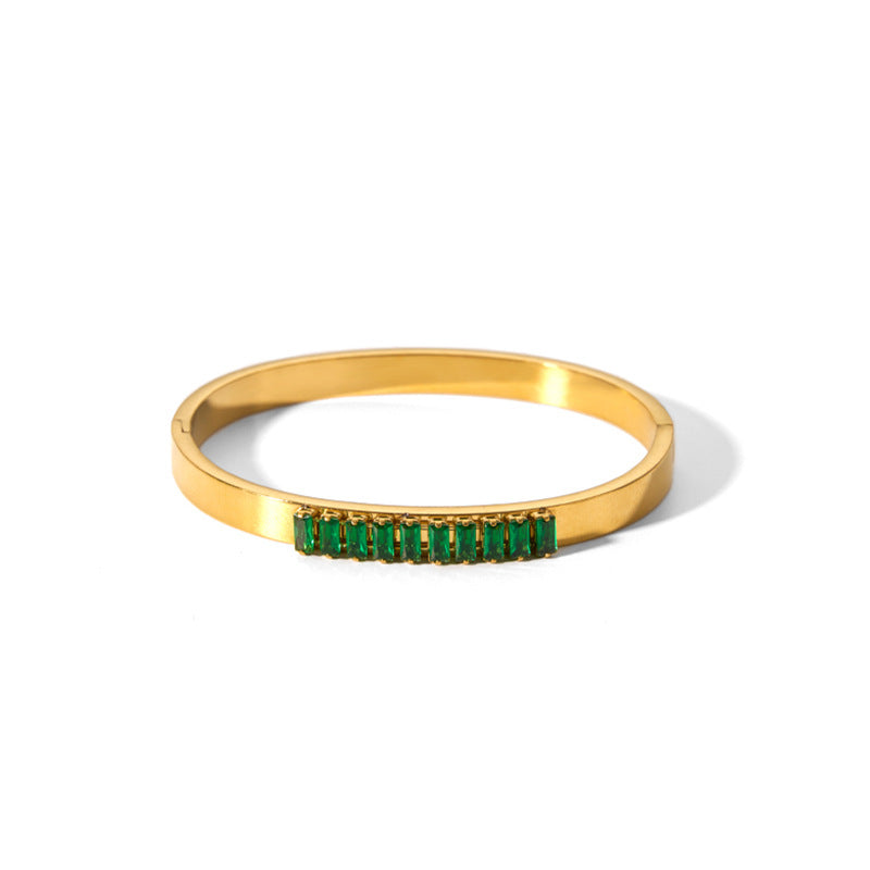 Vintage-Inspired Titanium Steel Bracelet with 18K Gold Plating and Green Zircon Inlay, Geometric Ring-Shaped Design for Women