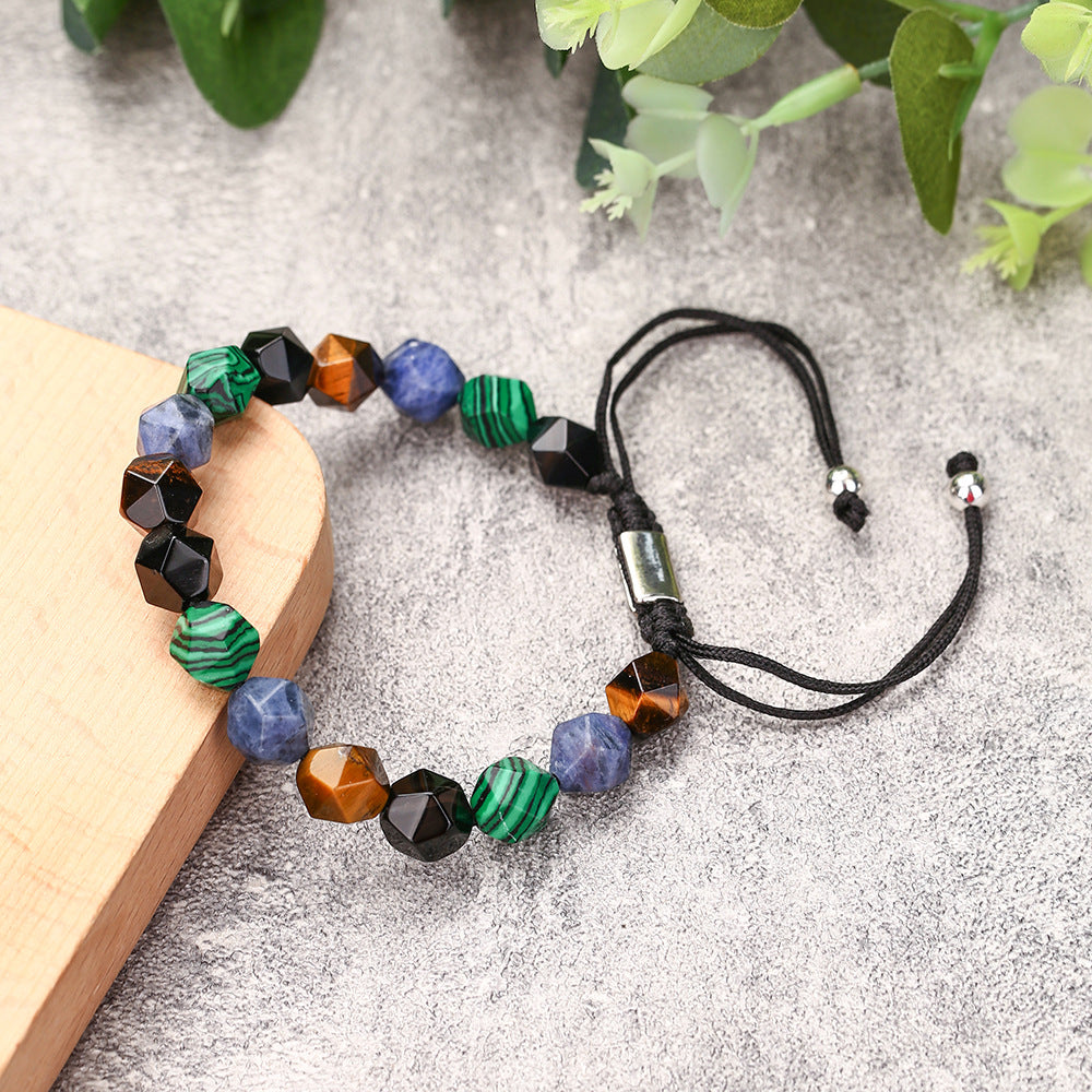 Geometric Faceted Tiger's Eye and Malachite Octagon Bead Handmade Bracelet