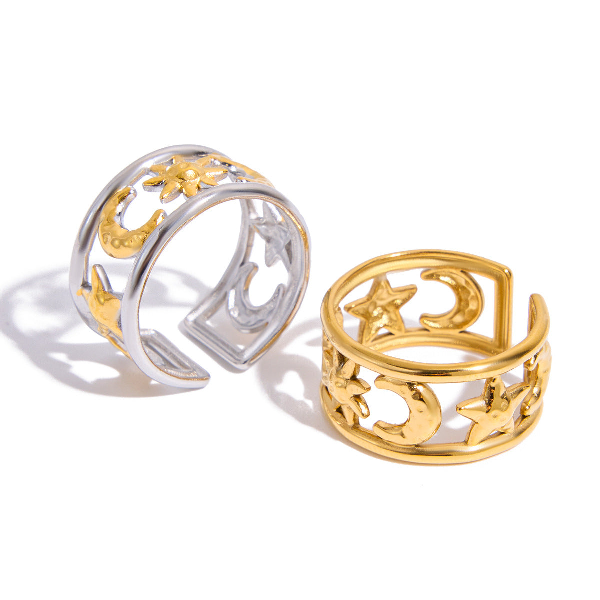 Anello da donna in acciaio inossidabile con luna geometrica alla moda e finitura placcata