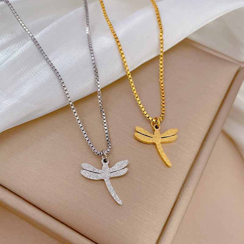 Minimalist Geometric Titanium Steel Plated Necklace with Gold Foil Dragonfly Pendant for Women