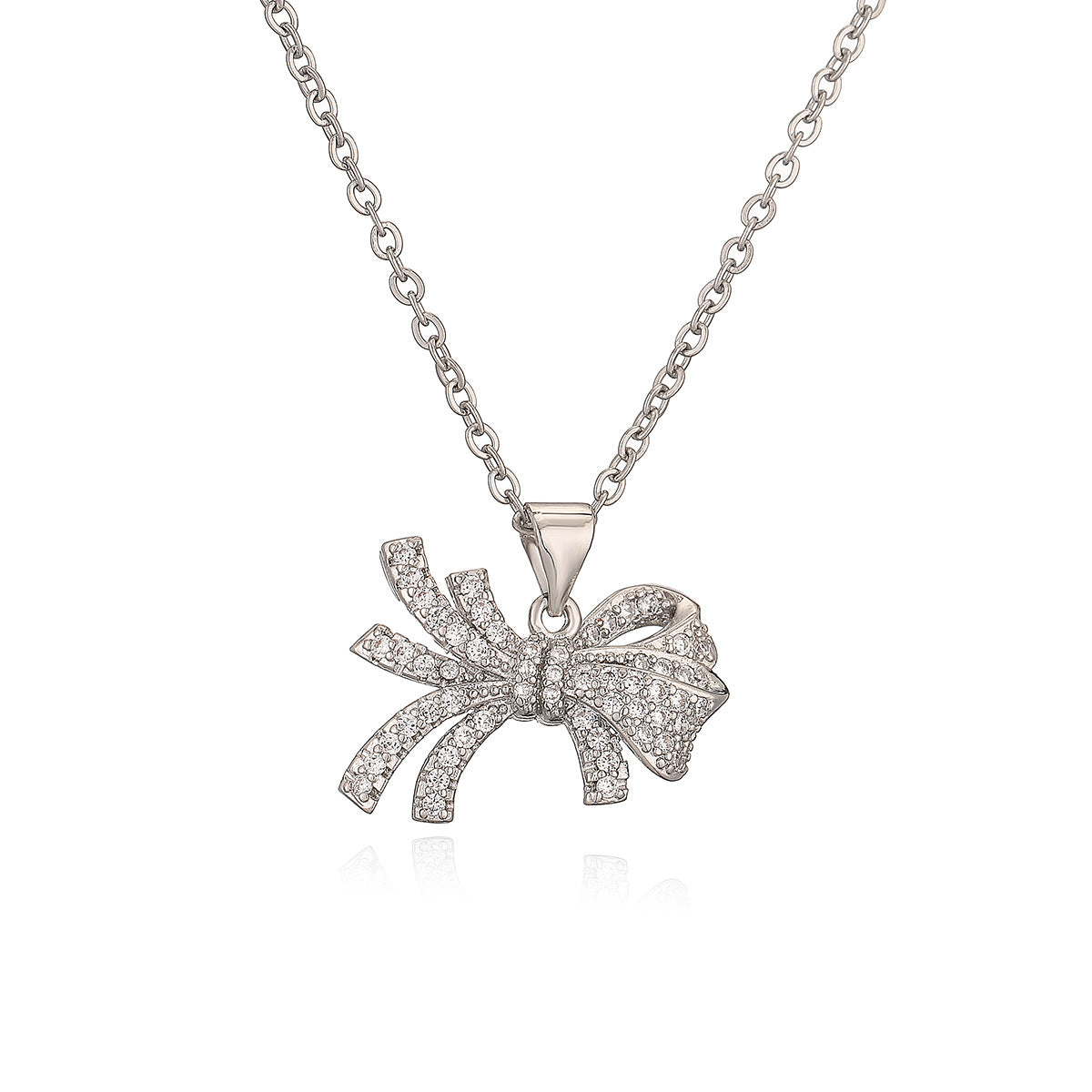 Minimalist Bow-Shaped Copper Pendant Necklace for Women with Zircon Accents, Delicate Clavicle Chain