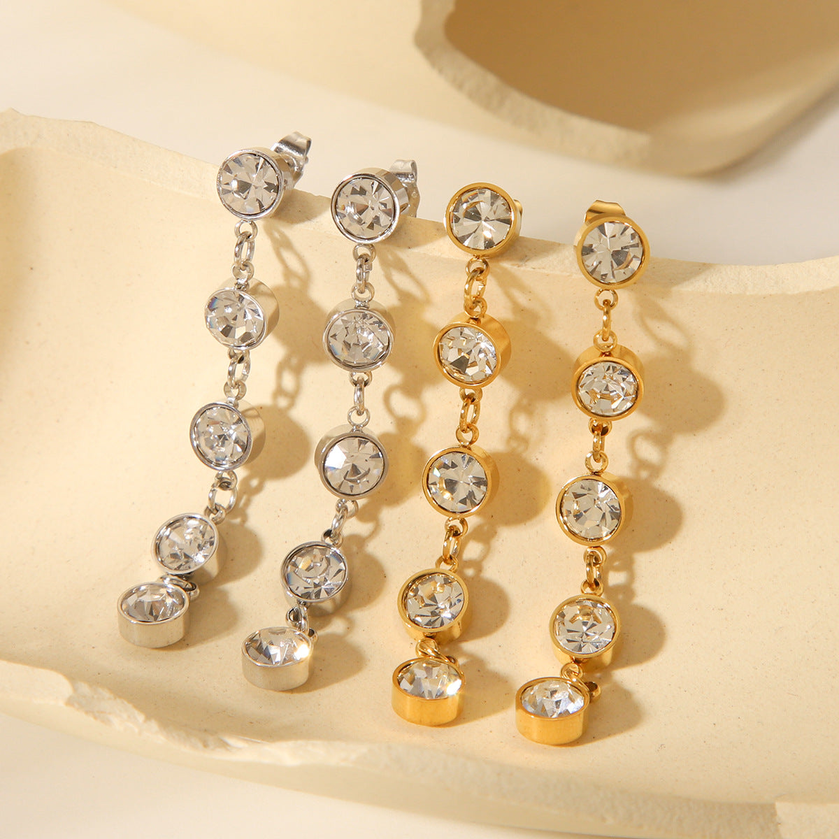 Fashionable Geometric Tassel 18K Gold Plated Stainless Steel Round Rhinestone Earrings for Women