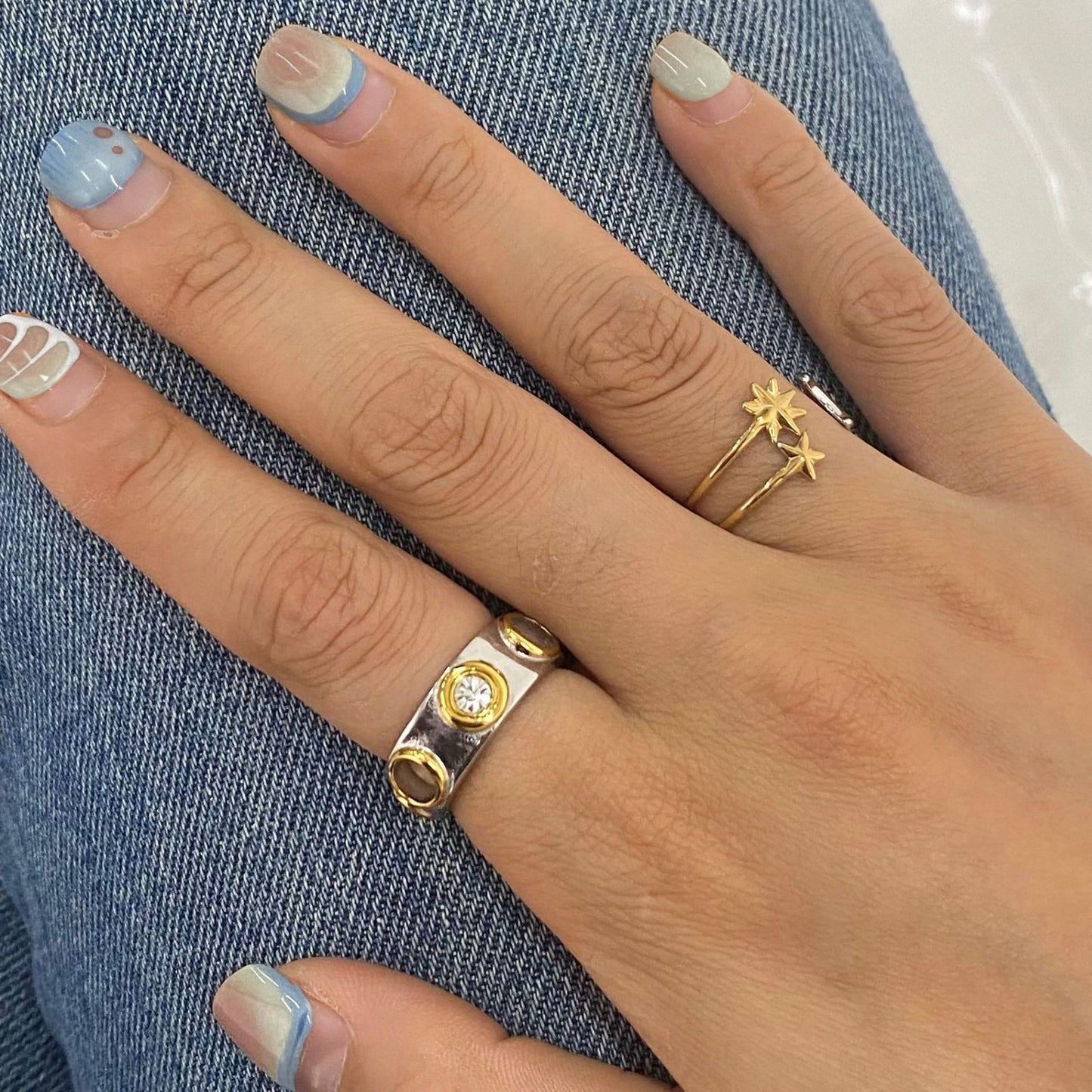 Punk Minimalist Geometric Round Cubic Zirconia Inlay Plated Stainless Steel Ring for Women
