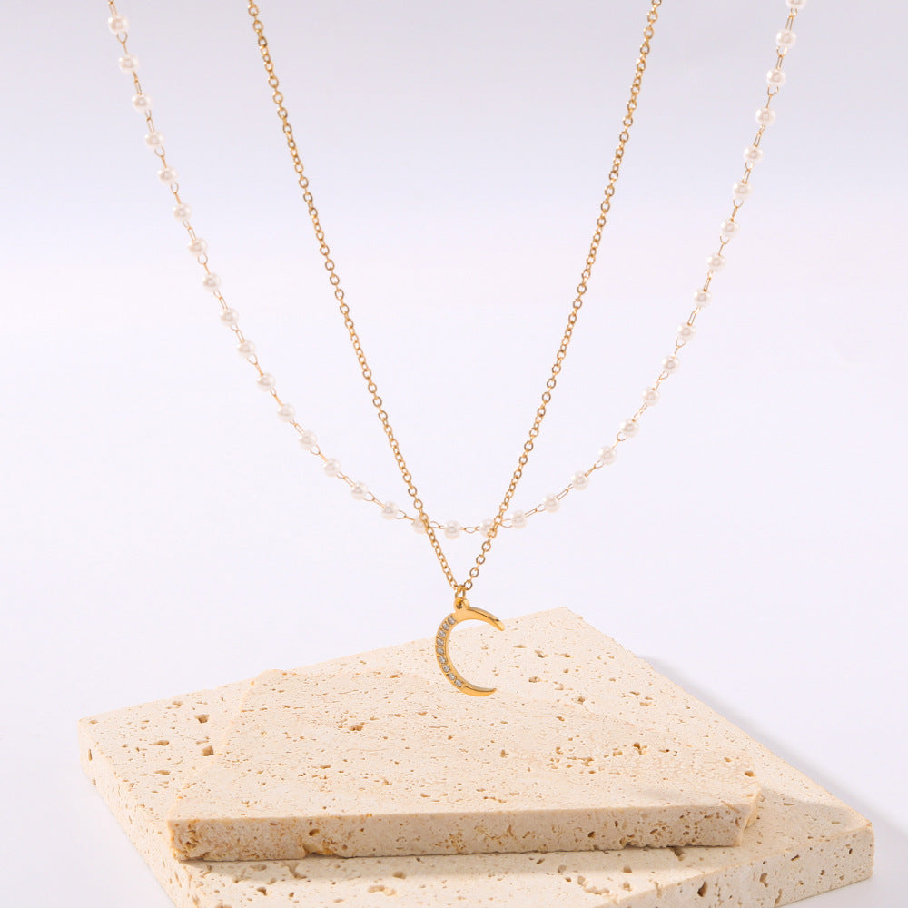 Minimalist Double-Layer O-Chain Pearl Moon Pendant Necklace for Women with Titanium Steel Pendant and 18K Vacuum Plated Finish