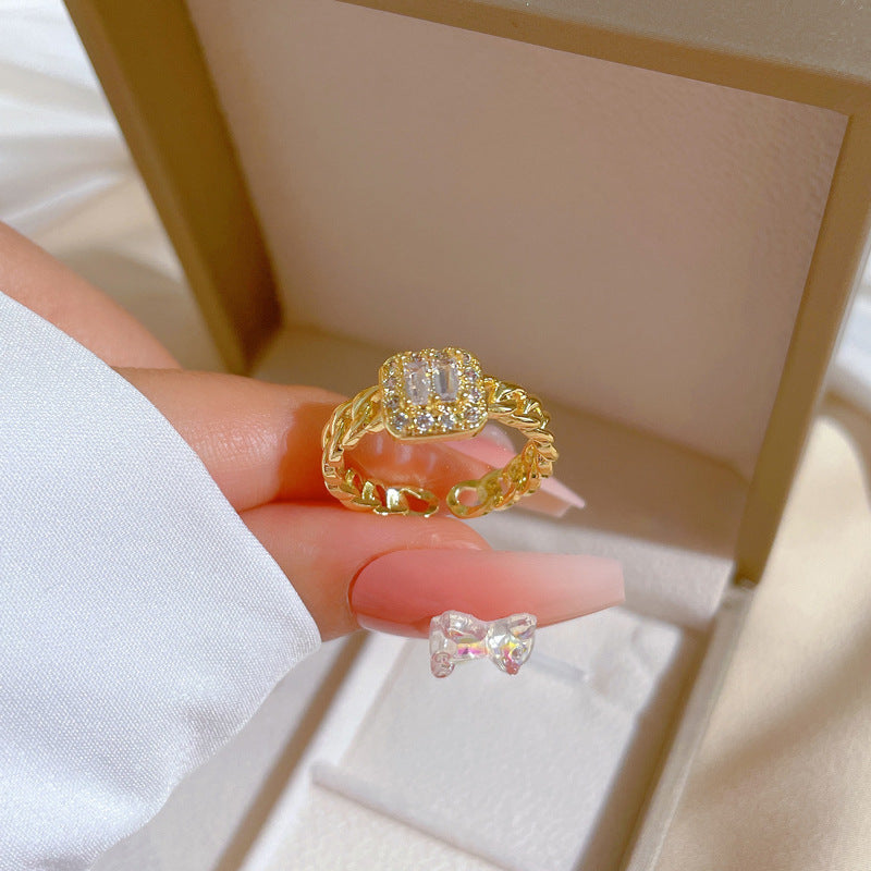 Minimalist Square Ring for Women in Brass with Gold Plating, Lightweight Micro-Pave Design
