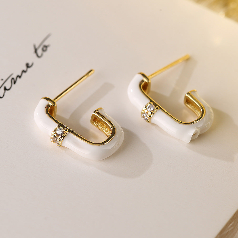 Geometric Candy-Colored Enamel Zirconia Stud Earrings for Women, Minimalist Fashion-Forward Ear Jewelry with Micro-Pave Setting