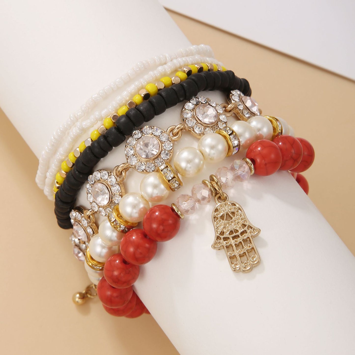 Bohemian Geometric Turquoise Rhinestone Wood Pearl Beaded Bracelet for Women