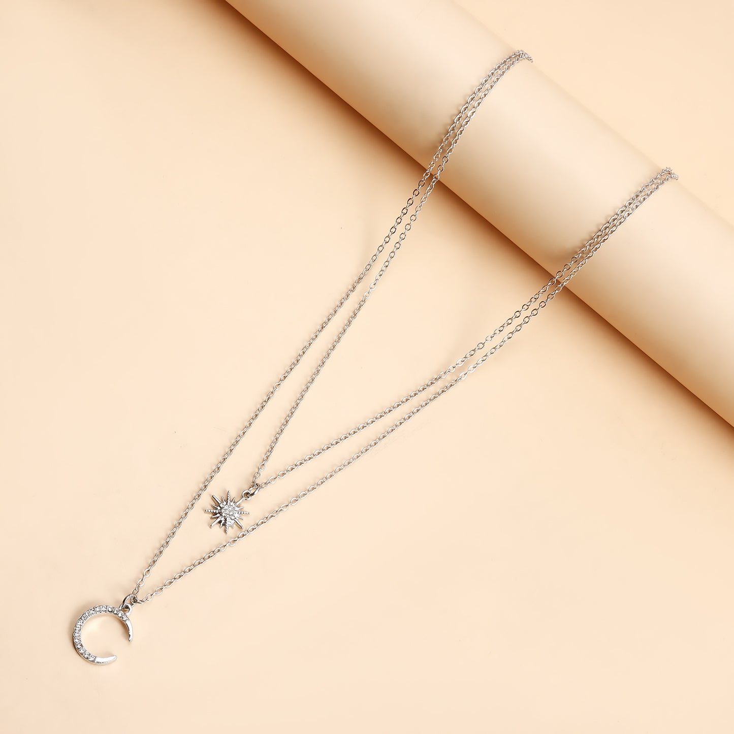 Minimalist Geometric Sun Moon Star Pendant Necklace with Rhinestone Inlay and Plated Metal Locket Chain for Women