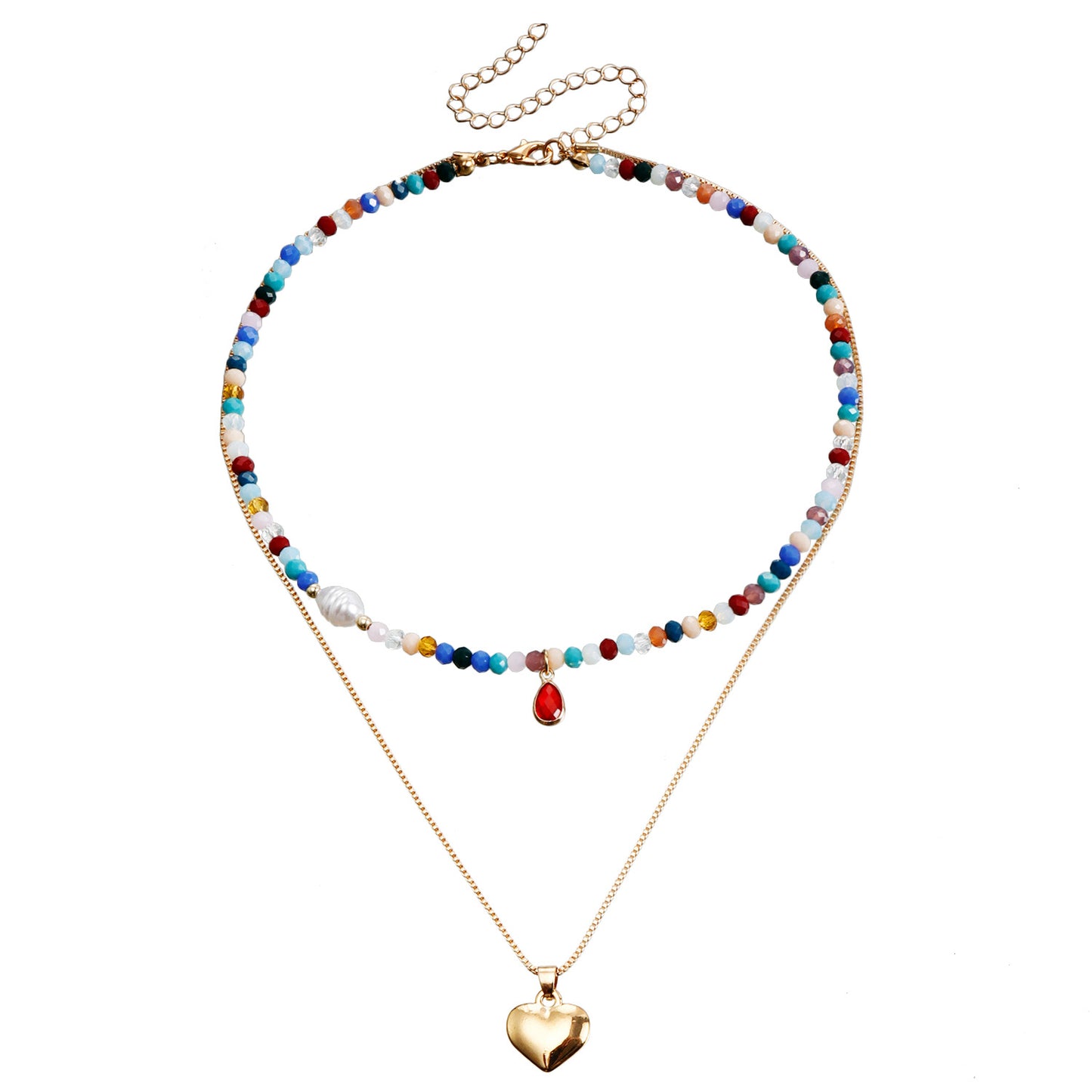 Bohemian Multi-Layer Beaded Necklace with Geometric Shape Alloy Pendant, Electroplated Finish, Fashionable Clavicle Chain for Women
