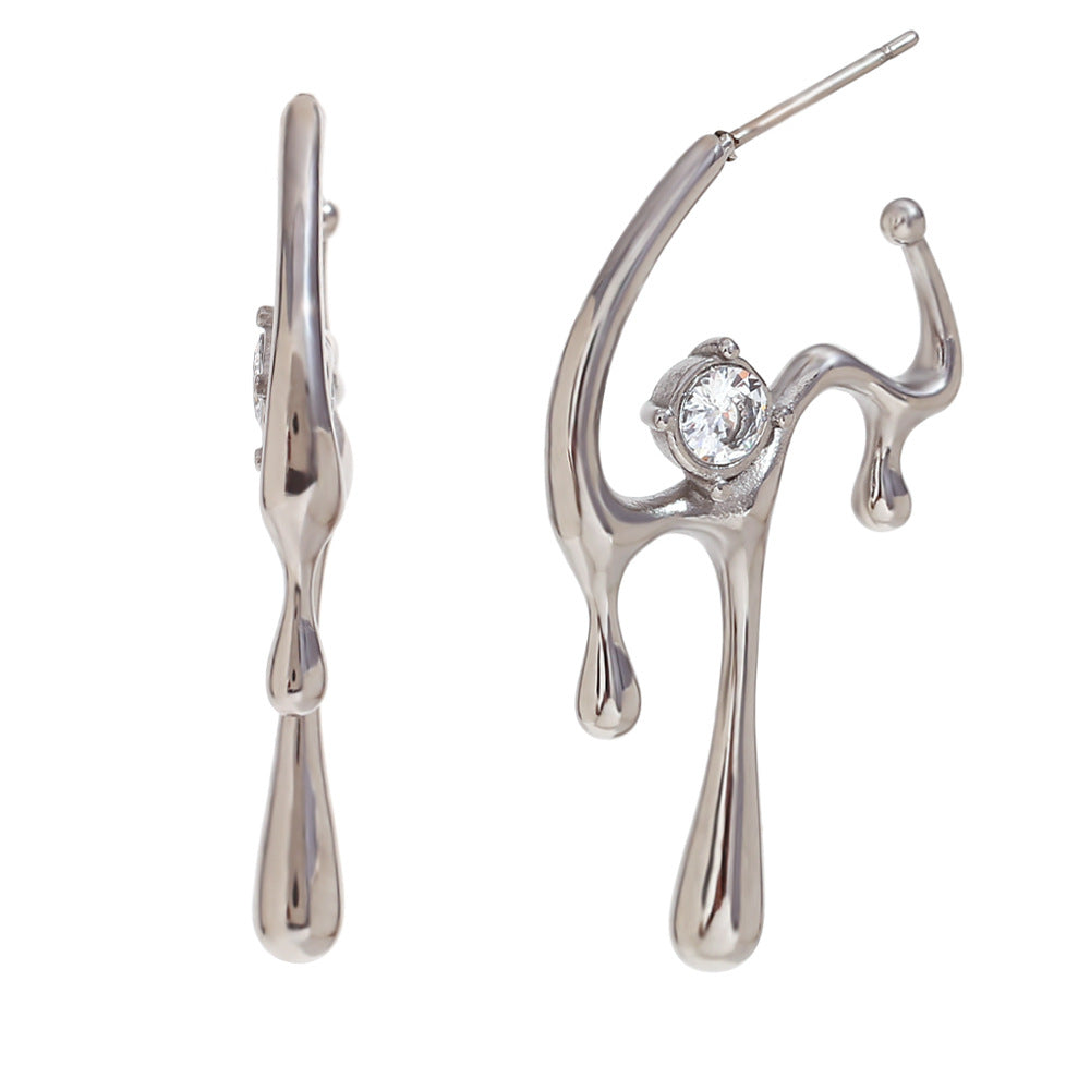 Vintage-Style Irregular Geometric Liquid Drop Earrings in Stainless Steel with 18K Gold Plating and Micro-Paved Zirconia