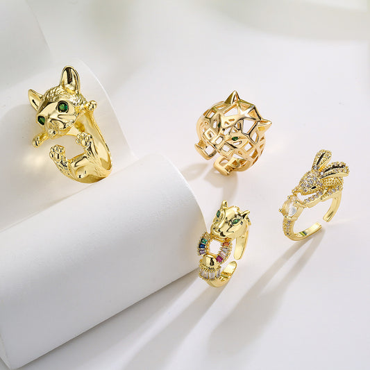 Minimalist Geometric Animal-Shaped Copper Ring with 18K Gold Plating and Micro-Pavé Zirconia for Women