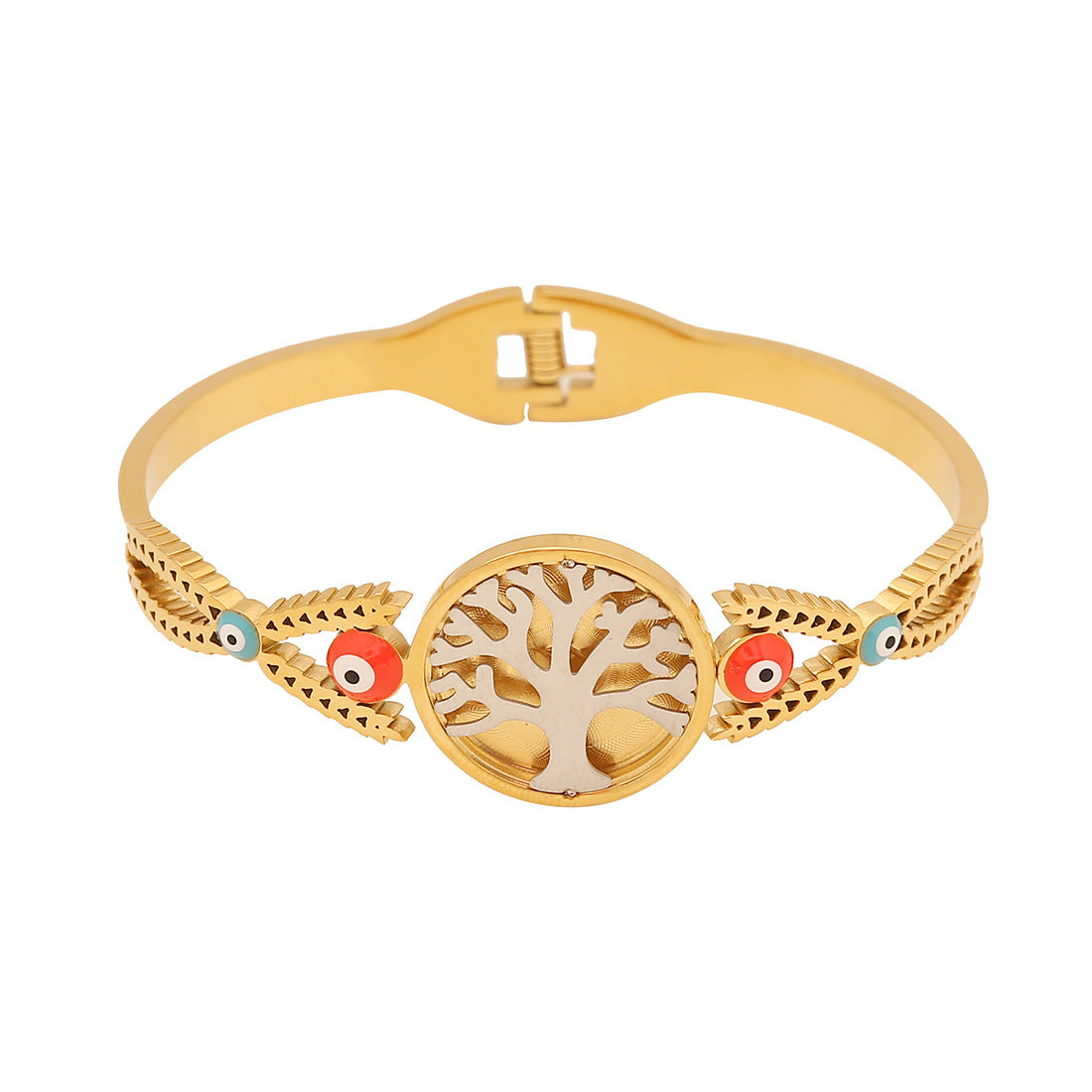 Bracciale rigido minimalista "Albero della Vita" con design floreale e ancora in acciaio inossidabile placcato oro