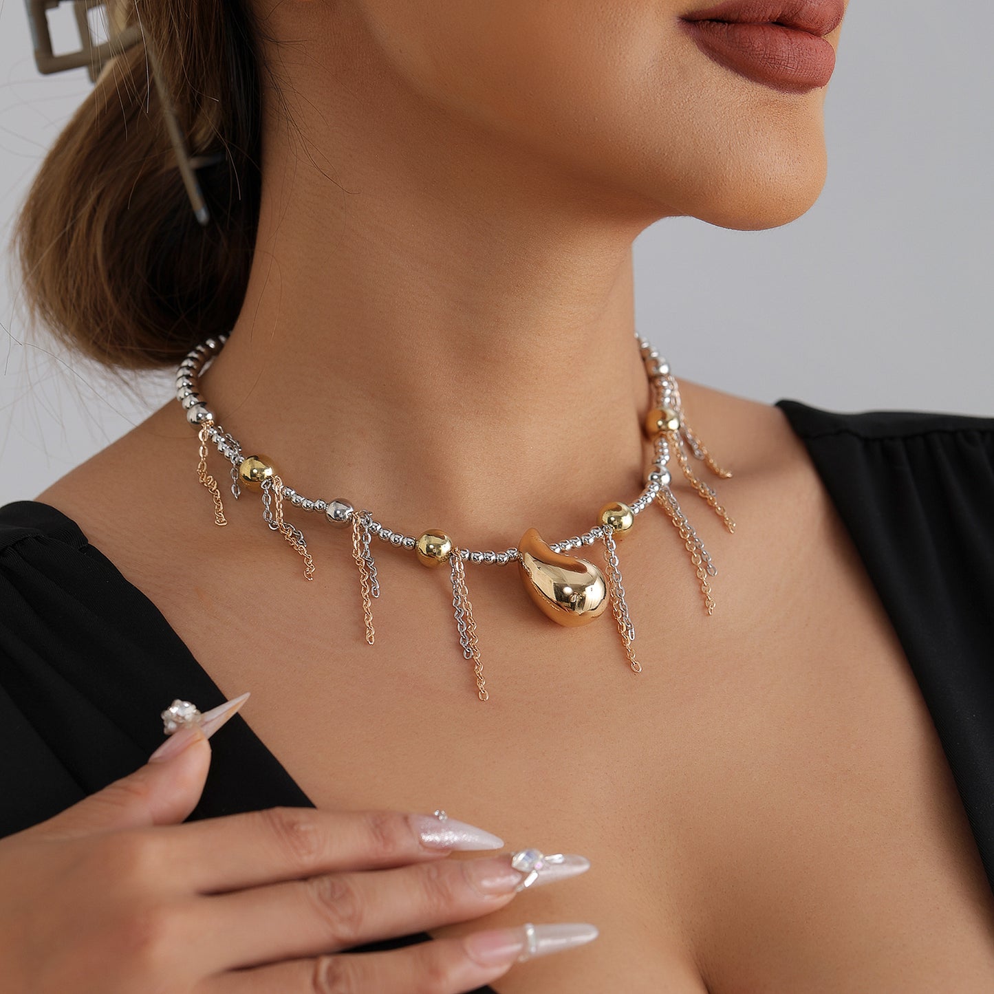 Casual Two-Tone Geometric Teardrop Alloy Plated Necklace with Ball Chain for Women