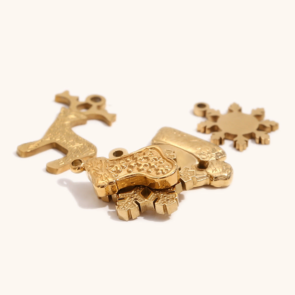 Ciondolo a tema natalizio con alce e fiocco di neve in acciaio inossidabile con placcatura in oro 14K da donna, accessorio festivo per le vacanze