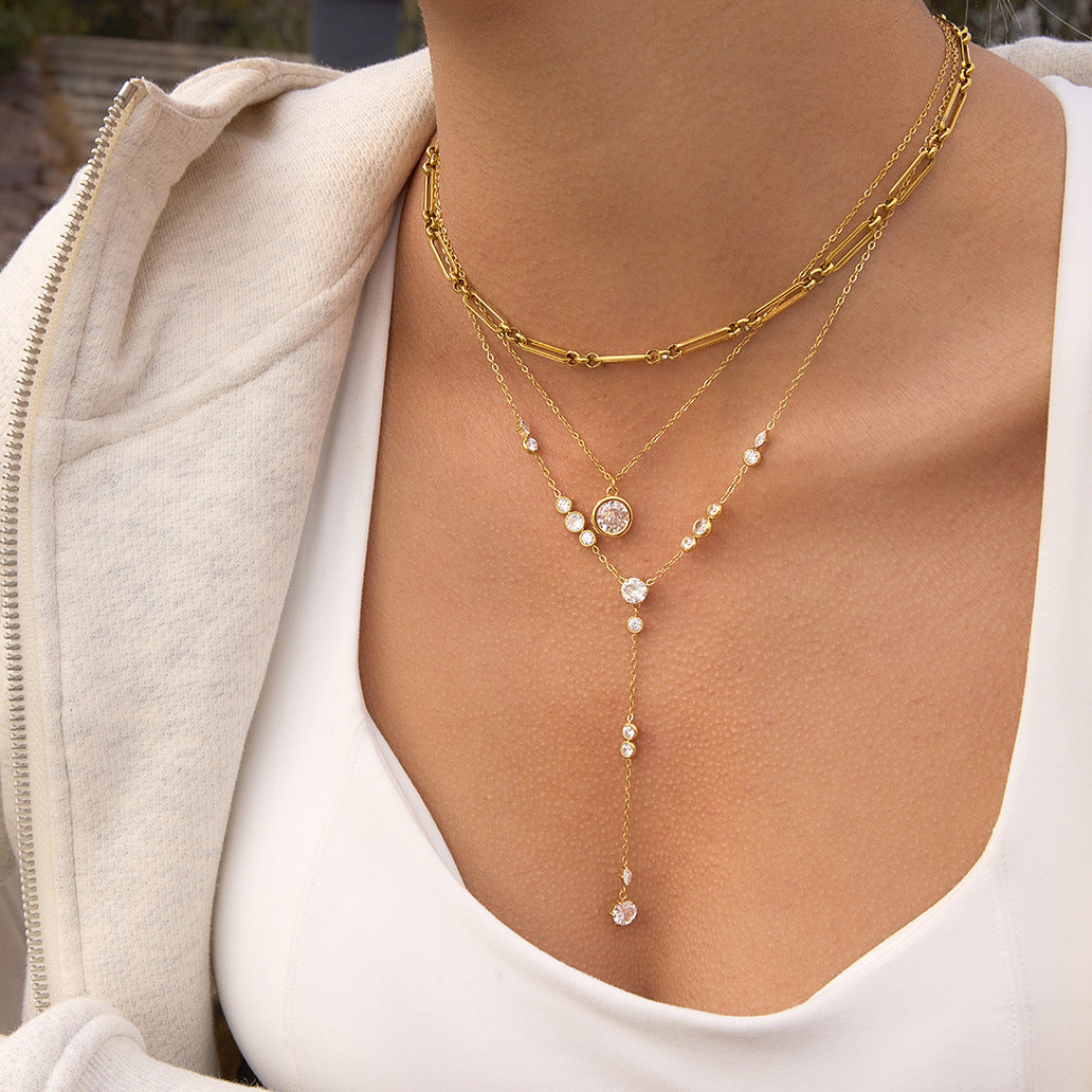 Minimalist Geometric Round Cubic Zirconia PVD Titanium Steel Y-Chain Necklace for Women