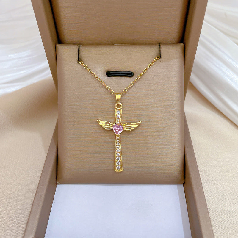 Luxury Titanium Steel Wing Cross Pendant Necklace for Women with Rhinestone Inlay Geometric Design Adjustable Clavicle Chain
