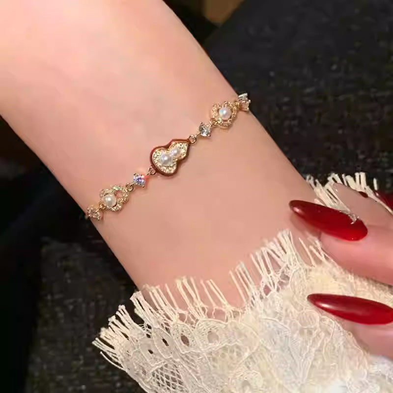 Luxury 18K Gold Plated Cubic Zirconia Pearl Gourd Bracelet for Women