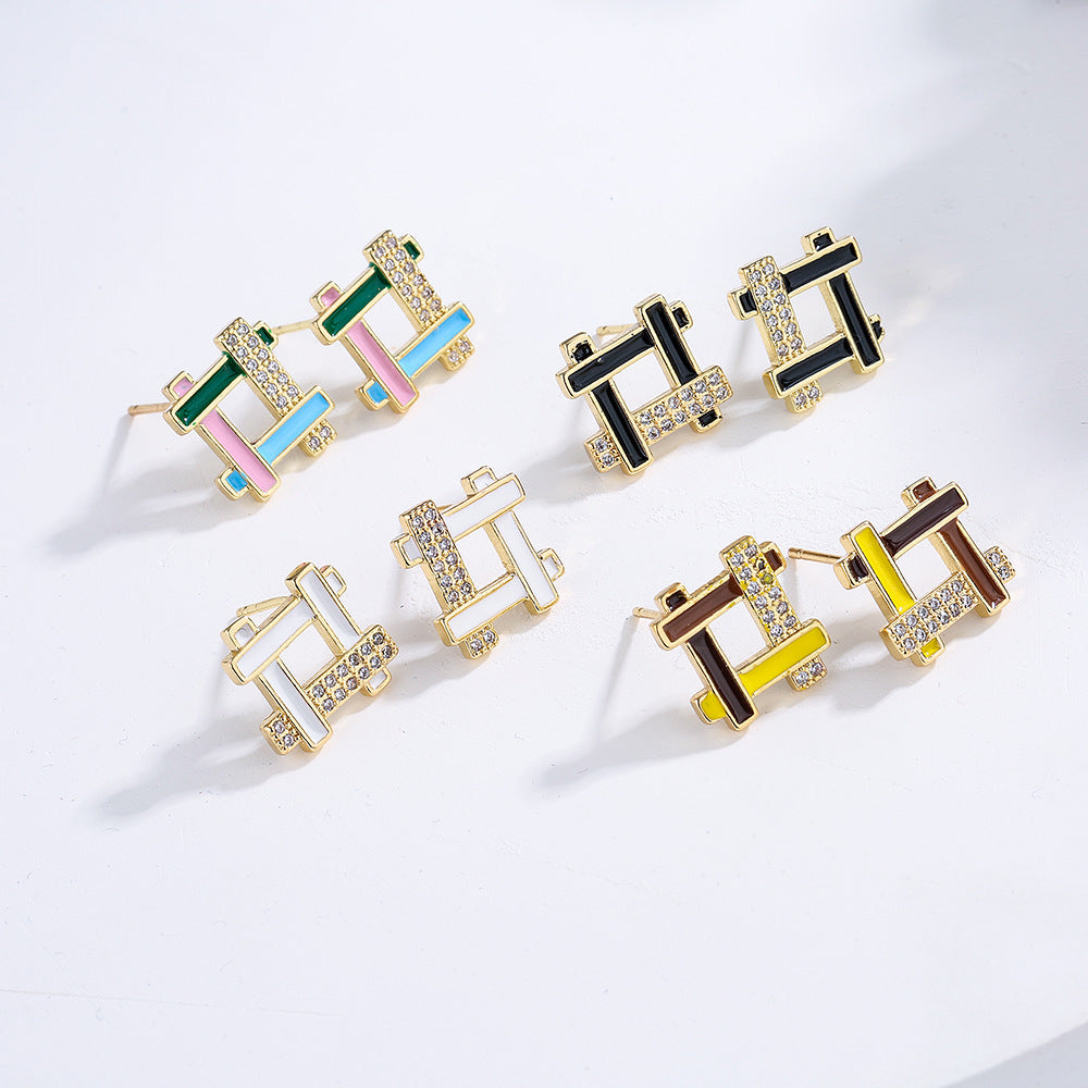 Minimalist Geometric Copper Earrings with 18K Gold Plating and Enamel Finish for Women