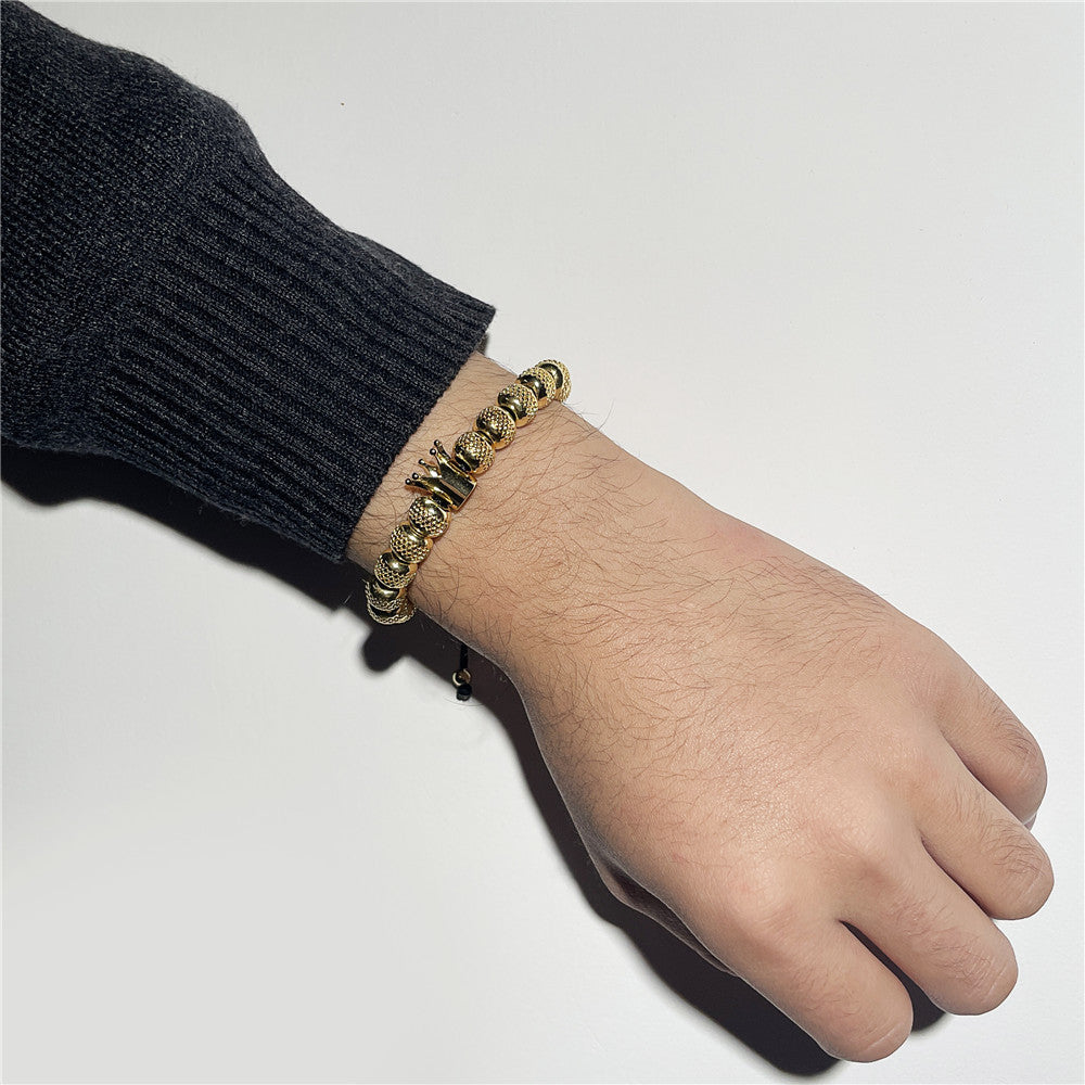 Vintage Geometric Crown Stainless Steel Brass Beaded Bracelet for Men and Women