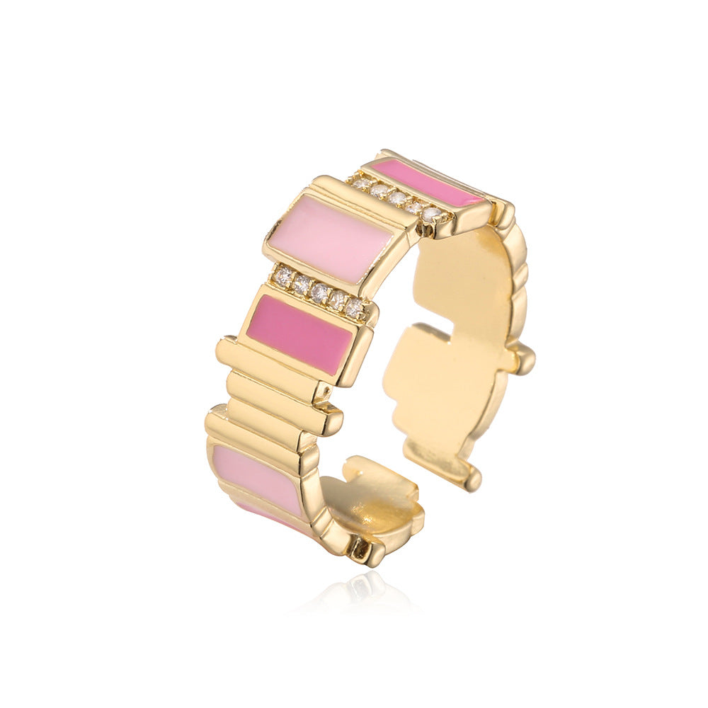 Geometric Open Ring for Women with Copper Base Plated in Real Gold Featuring Zircon Inlay and Enamel Finish