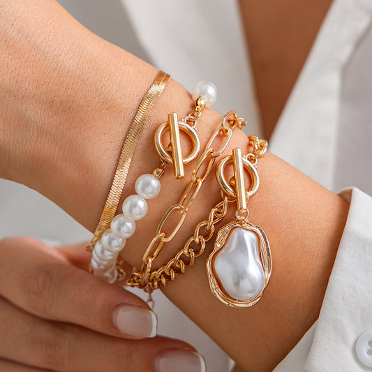 Set di bracciali da donna in stile perla geometrico minimalista con nappine e dettagli a catena