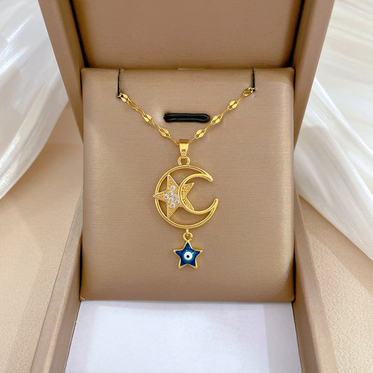 Minimalist Star and Moon Pendant Necklace for Women in Stainless Steel with Plated Finish, Delicate Clavicle Chain