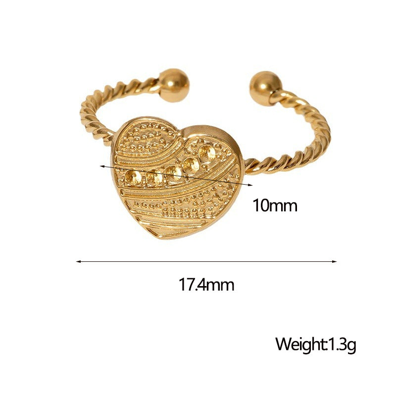 Anello aperto minimalista martellato a forma di cuore in acciaio inossidabile placcato oro 18 carati, gioielli da donna