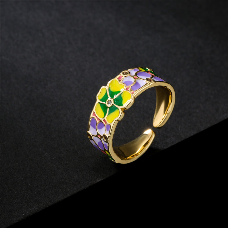 Sweet Geometric Floral Drip Oil Gold Plated Brass Ring for Women