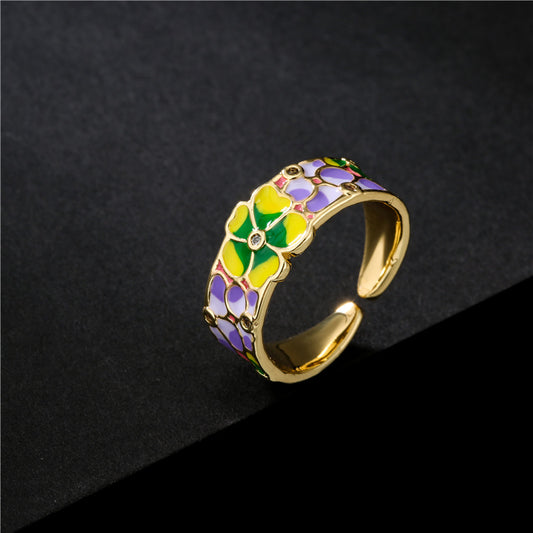 Sweet Geometric Floral Drip Oil Gold Plated Brass Ring for Women
