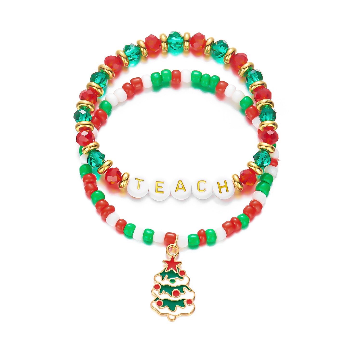 Christmas-Themed Handcrafted Alloy Bracelet Set with Snowflake Santa Tree Bell and Wreath Beads for Women