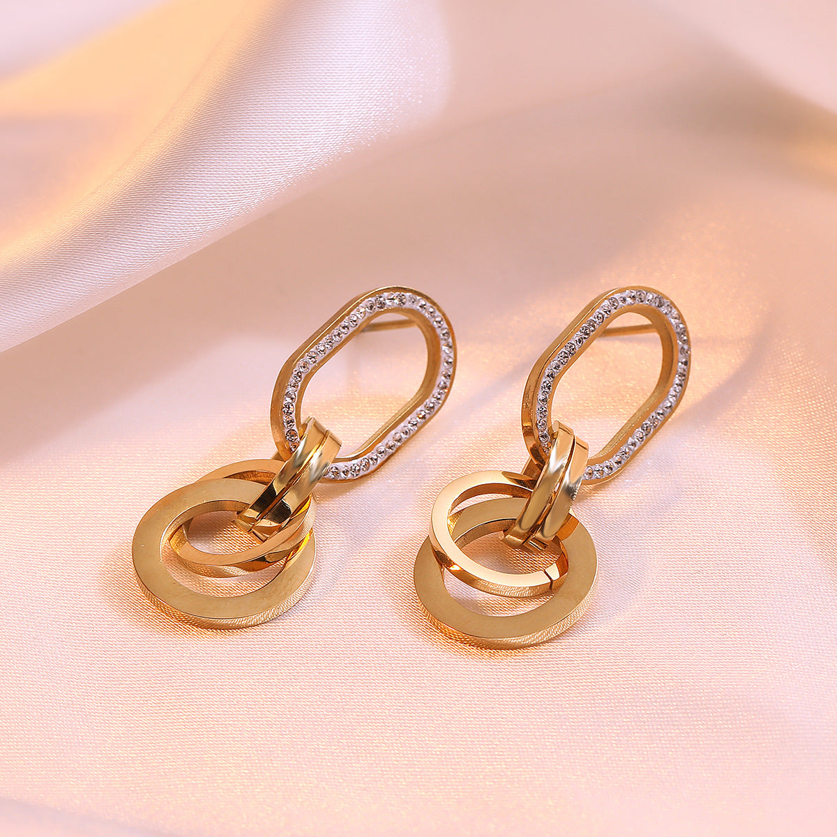 Minimalist Geometric Titanium Steel Earrings for Women with Genuine Gold Plating and Zircon Inlay
