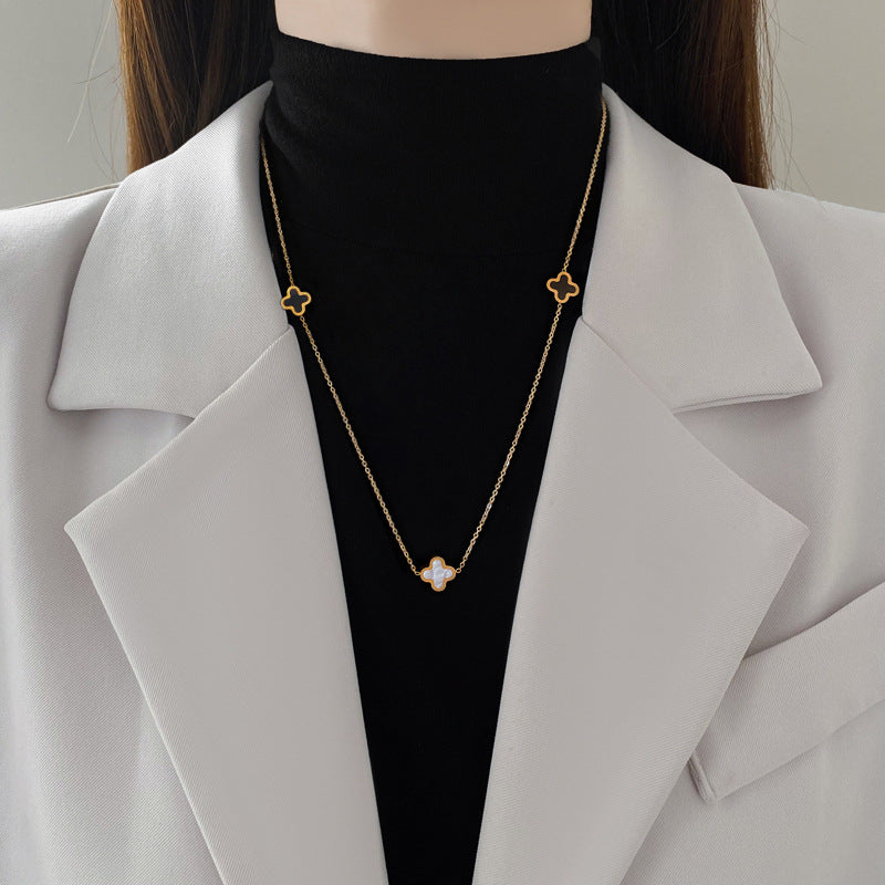Minimalist Lucky Clover Double-Sided Titanium Steel Necklace with Gold Plating for Women and Men, Geometric Design Fashion Accessory
