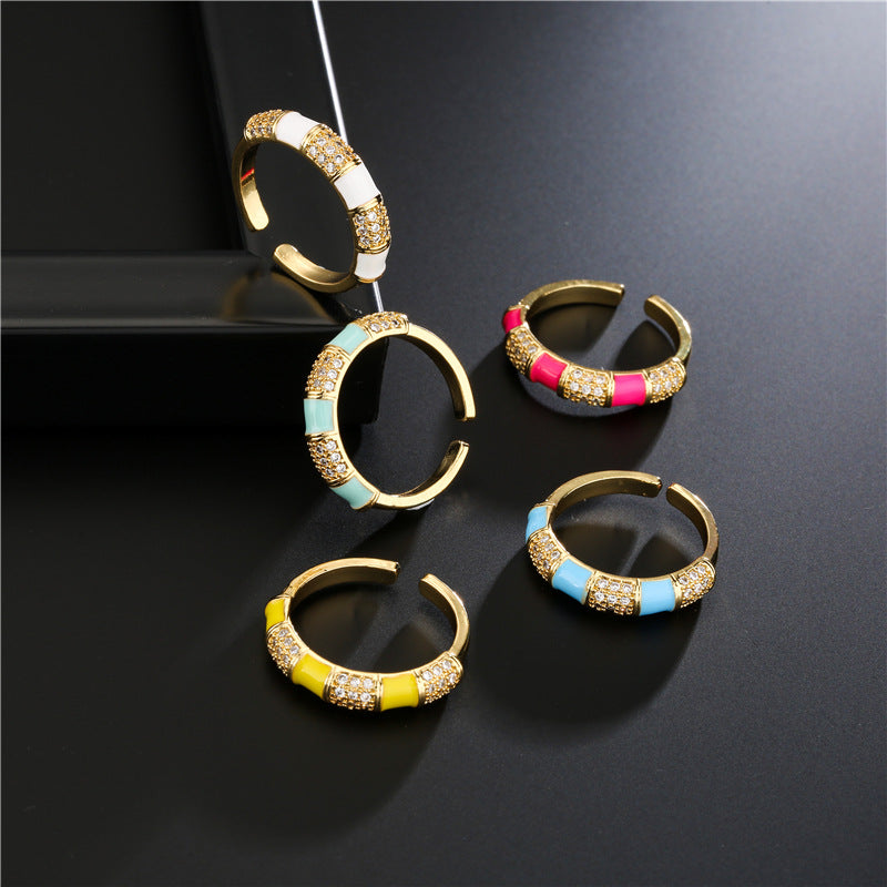 Minimalist Geometric Drip Oil Brass Ring with 18K Gold Plating and Micro-set Cubic Zirconia for Women