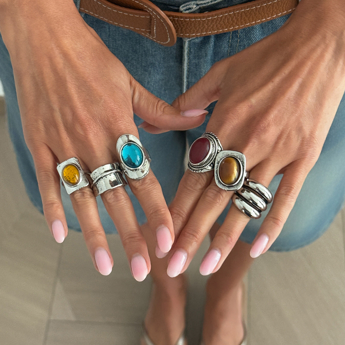 Vintage Square Oval Gemstone Zinc Alloy Plated Ring for Women
