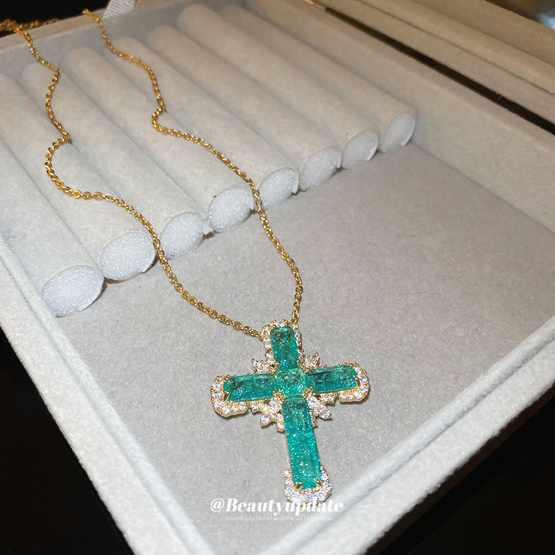 Elegante collana pendente a croce da donna in rame con intarsio di strass, design geometrico, stile catena clavicola