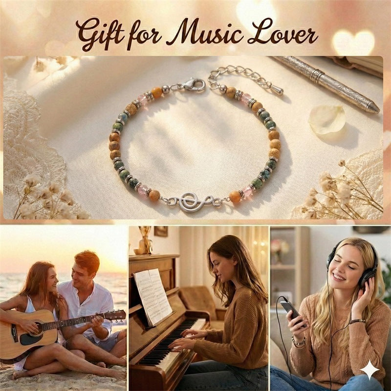Elegant Geometric Round Crystal Turquoise Beaded Bracelet with Musical Note Pendant for Women