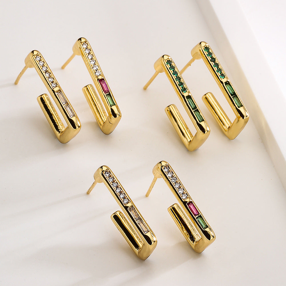 Orecchini geometrici minimalisti da donna in ottone con placcatura in oro 18 carati e intarsio di zirconi