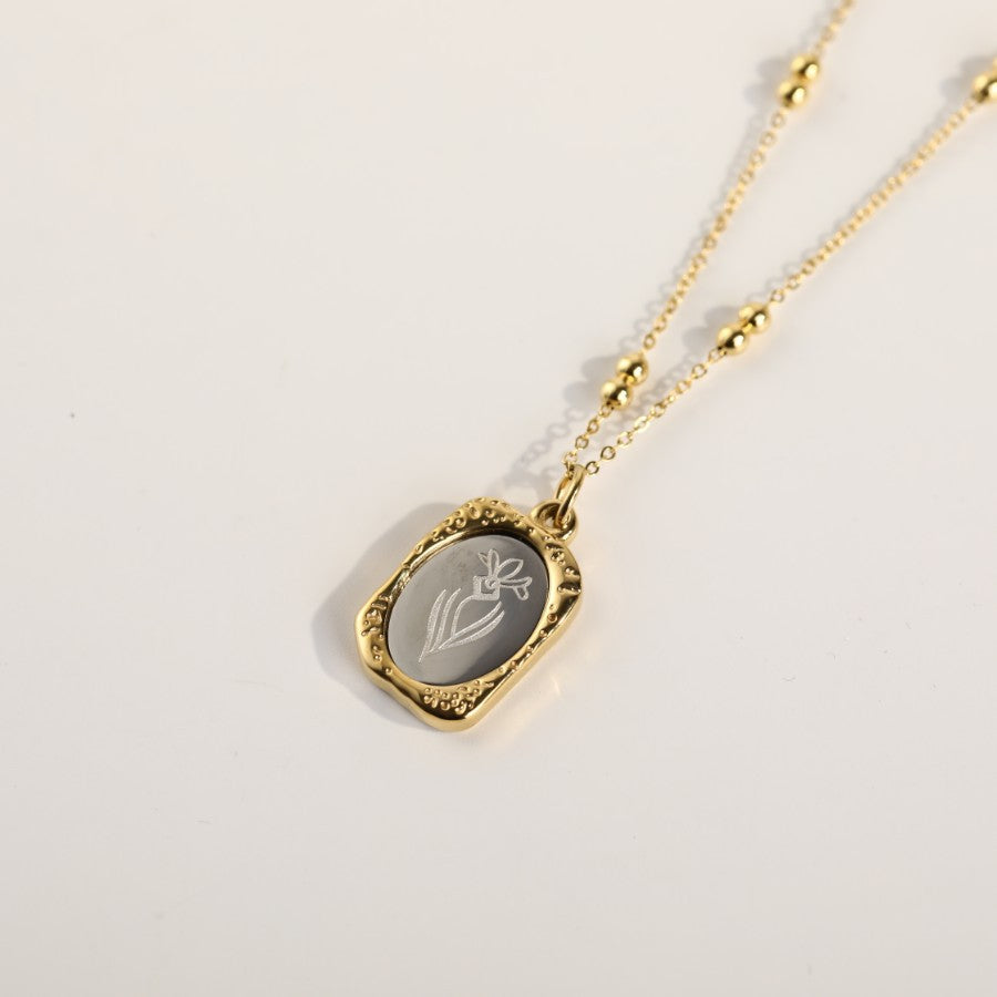 Vintage French Rose Flower Pendant Necklace 18K Gold Plated Titanium Steel Double Layer Beaded Chain
