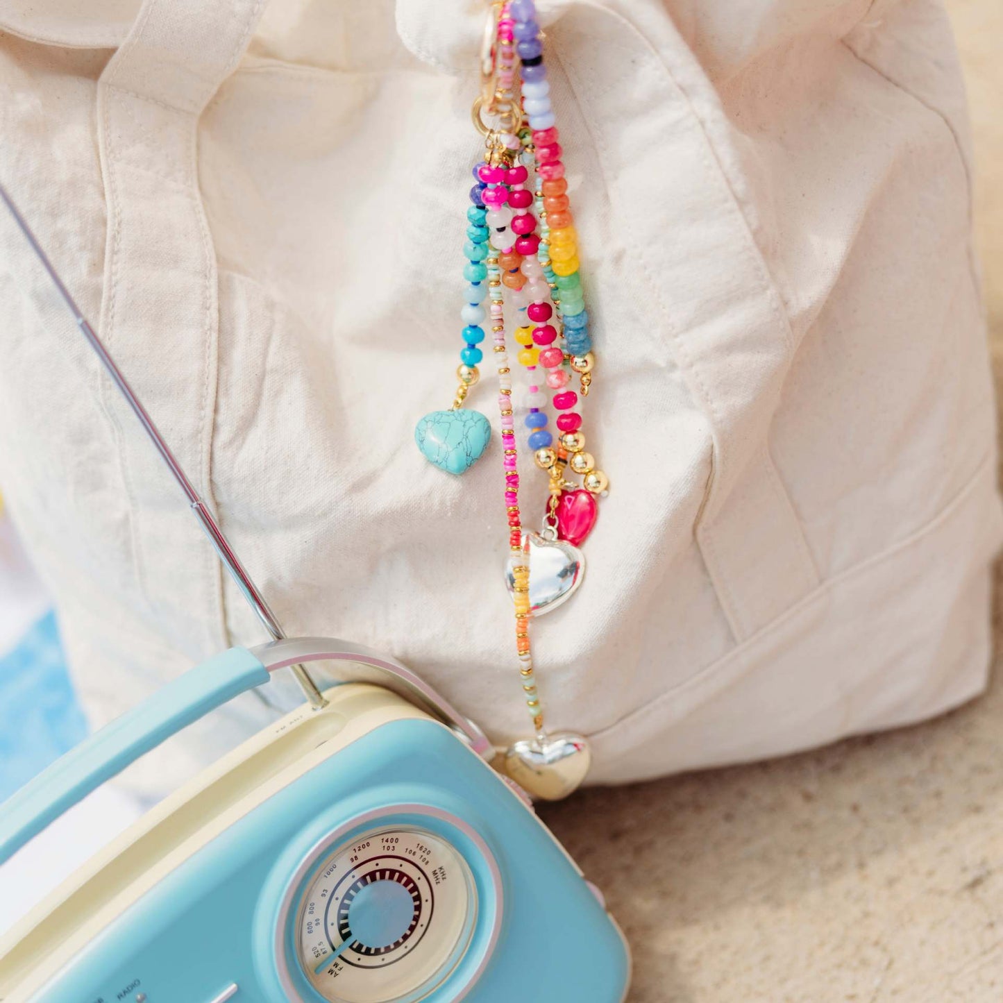 Sweet Heart Geometric Titanium Steel Plated Bag Charm Bar with Colorful Beads and Keychain