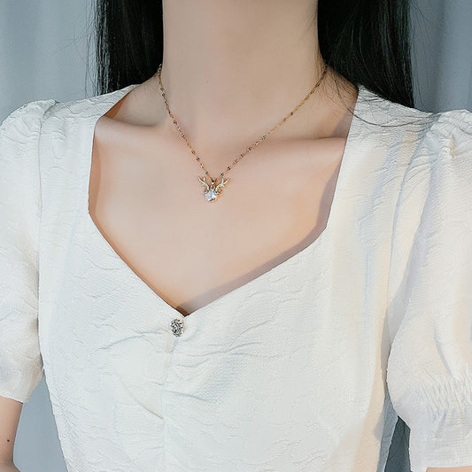 Minimalist Deer-Shaped Titanium Steel Necklace with Plated Finish for Women, Dainty Locket-Style Clavicle Chain