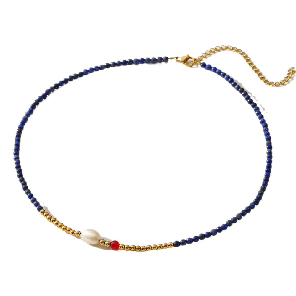 Minimalist Fashionable Natural Lapis Lazuli and Freshwater Pearl Beaded Necklace for Women with Geometric Round Bead Chain