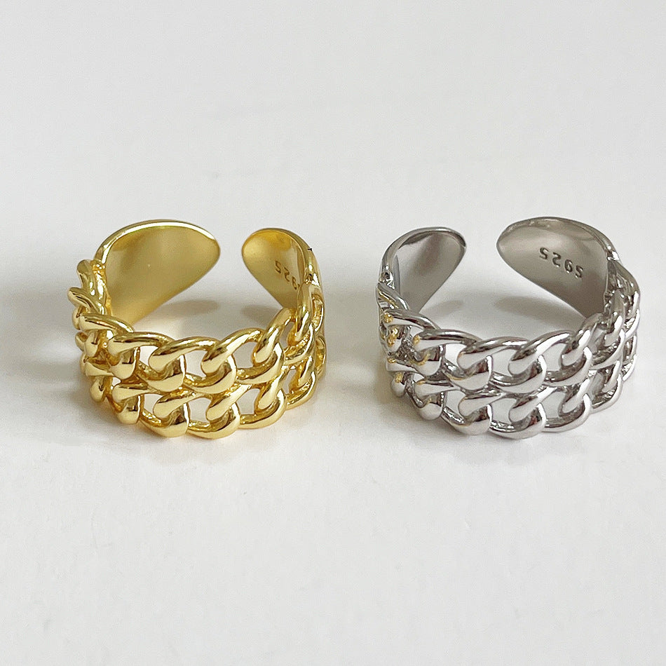 Anello da donna minimalista con intarsio a cuore in argento sterling 925 e design a doppia catena di chiusura