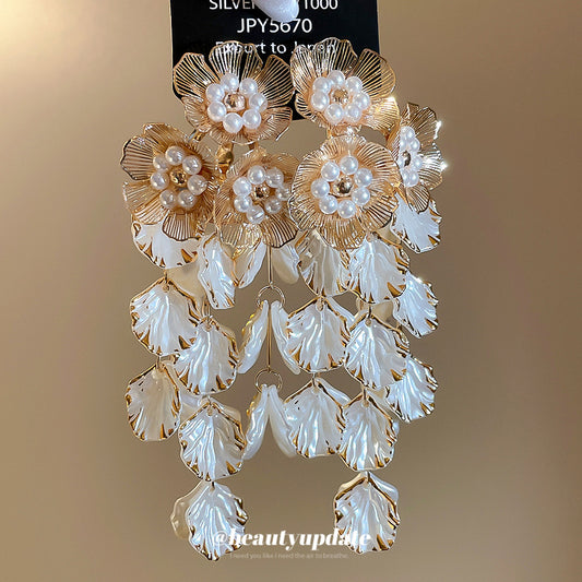 Vintage-Inspired Floral Pearl Stud Earrings with Tassels in 925 Sterling Silver for Women