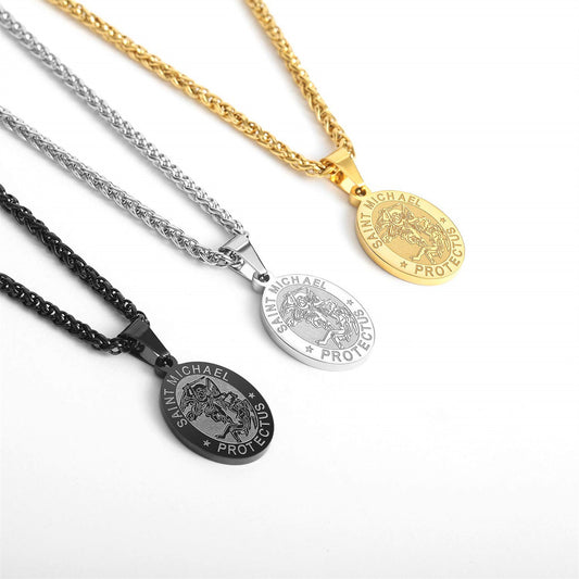 Minimalist Geometric Saint Michael Medal Pendant Necklace for Women in Stainless Steel with Plated Finish
