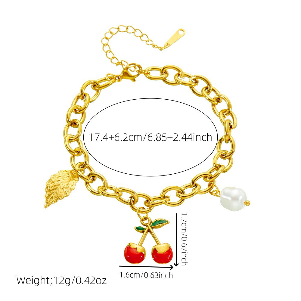 Sweet Plated Stainless Steel Fruit Leaf Pearl Charm Bar Bracelet for Women