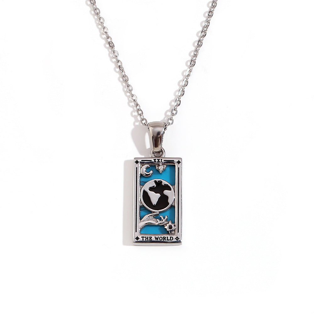 Vintage Tarot Card Pendant Necklace for Women Stainless Steel with 18K Gold Plating Geometric Four-Sided Design Fashion Office Style
